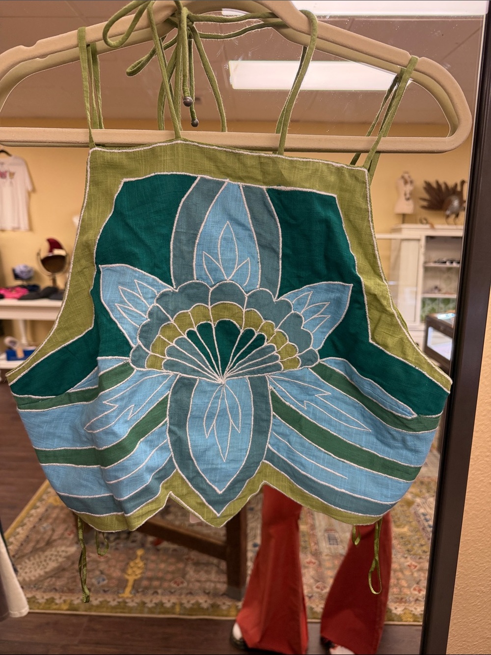 Free People Green & Blue Embroidered Halter Tank